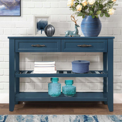 Console Mid-Century avec 2 tiroirs et 2 tablettes à niveaux - bleu marine, 42 po