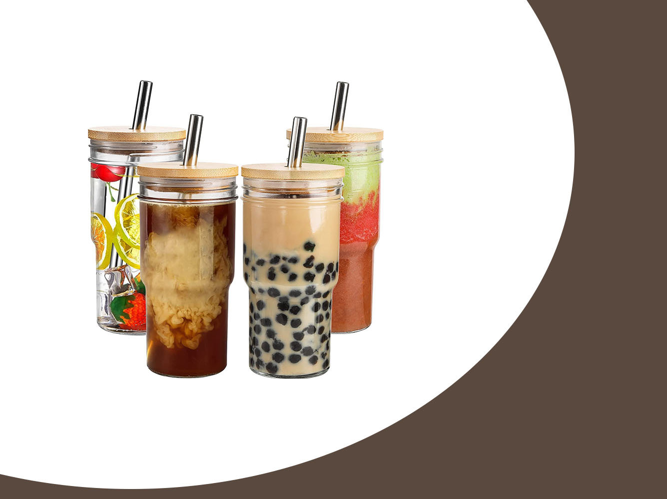 4 Set Coke Cup Glasses with Bamboo Lids and Glass Straw Reusable