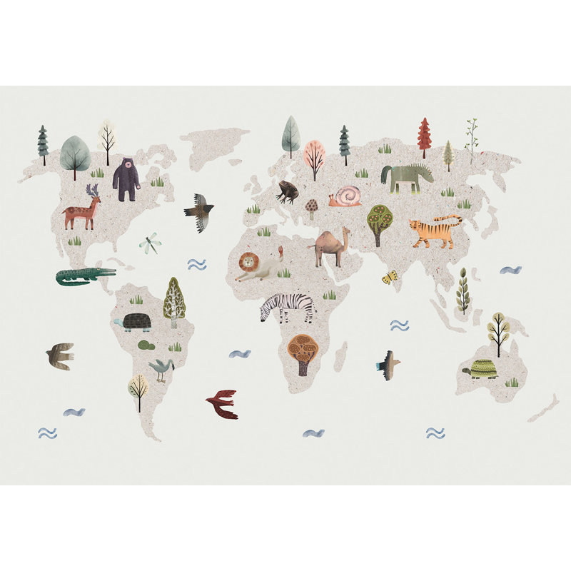 Papier peint pour enfants, carte du monde beige avec animaux, L 137 po x L 100 po