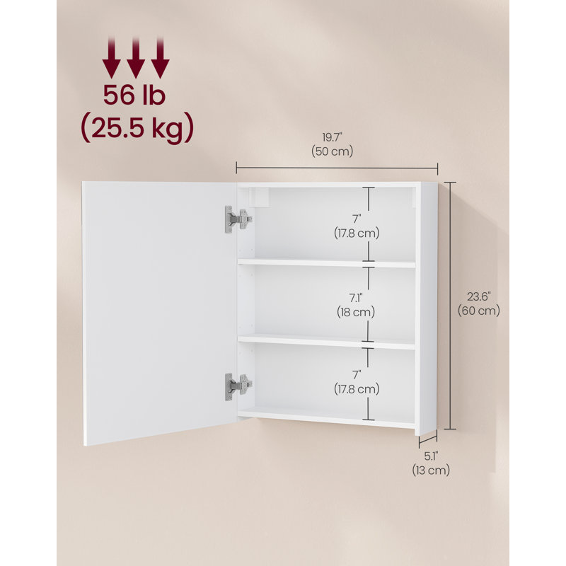 50 mm W 60 mm H Framed Mirrored Bathroom Cabinets 2 Adjustable Shelves with Mirror