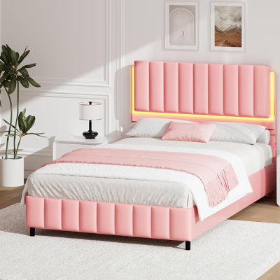 Upholstered Bed Frame with LED Lights, Faux Leather Platform Bed
