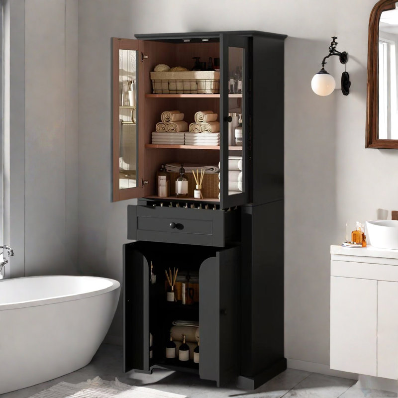 Grande armoire de rangement pour salle de bain avec portes en verre trempé, tablettes réglables, tiroir et fermeture en douceur