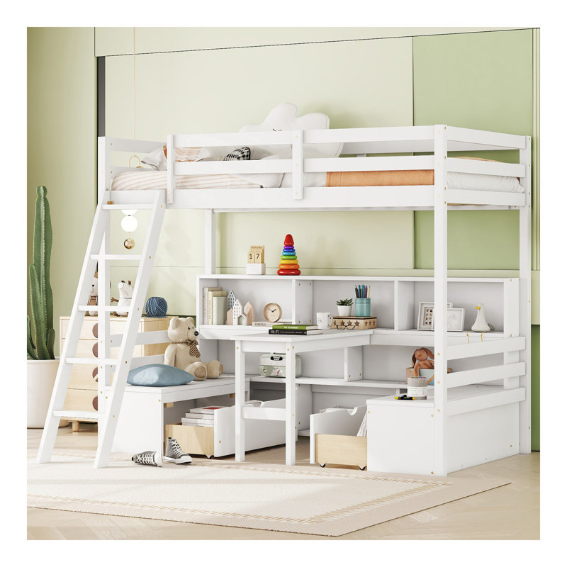 Lit mezzanine simple avec tablettes de rangement, tiroirs, siège et bureau pour couleur blanche