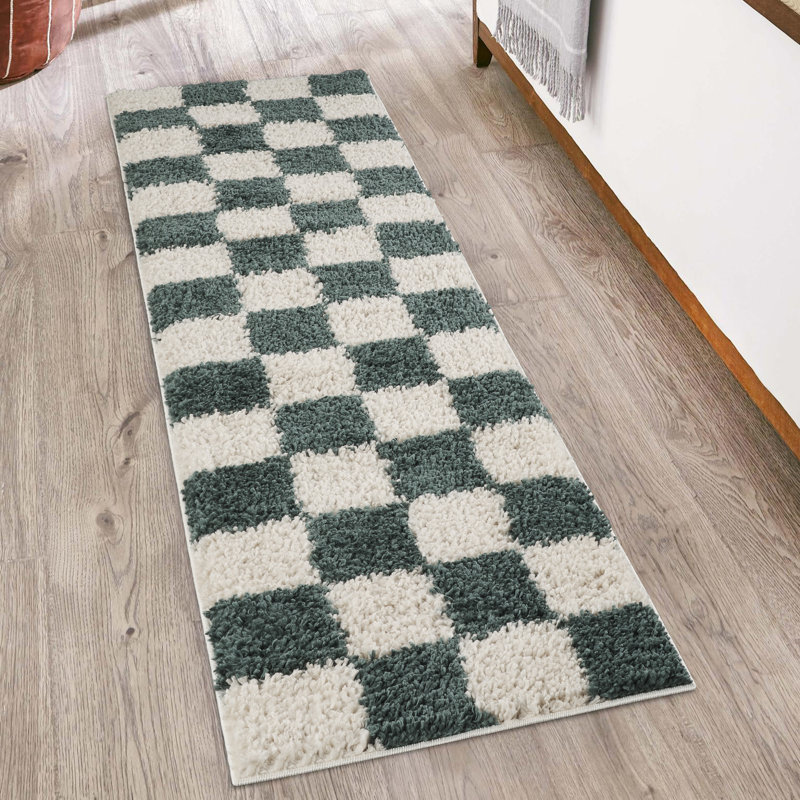 Chester Living Room Shaggy Area Rug Modern - Contemporary Checkered Design 30Mm Plush Pile Jute Backing Soft Woven Carpet -Hallway Indoor Rug, Jade Green