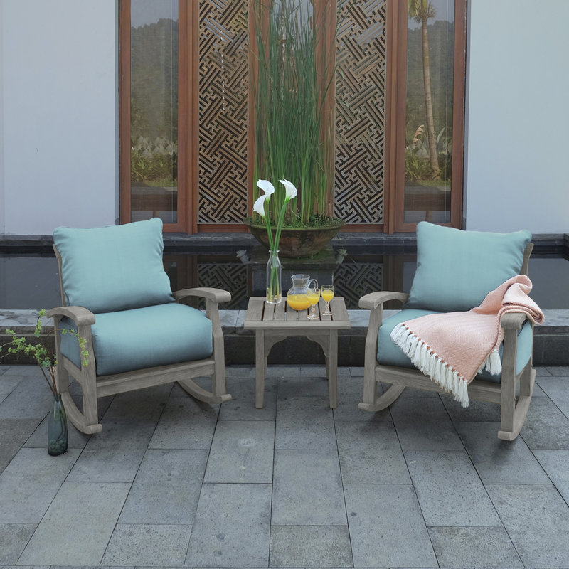 Chaise berçante d'extérieur en teck avec coussins Summerton, Lin performance épinette bleue, Gris