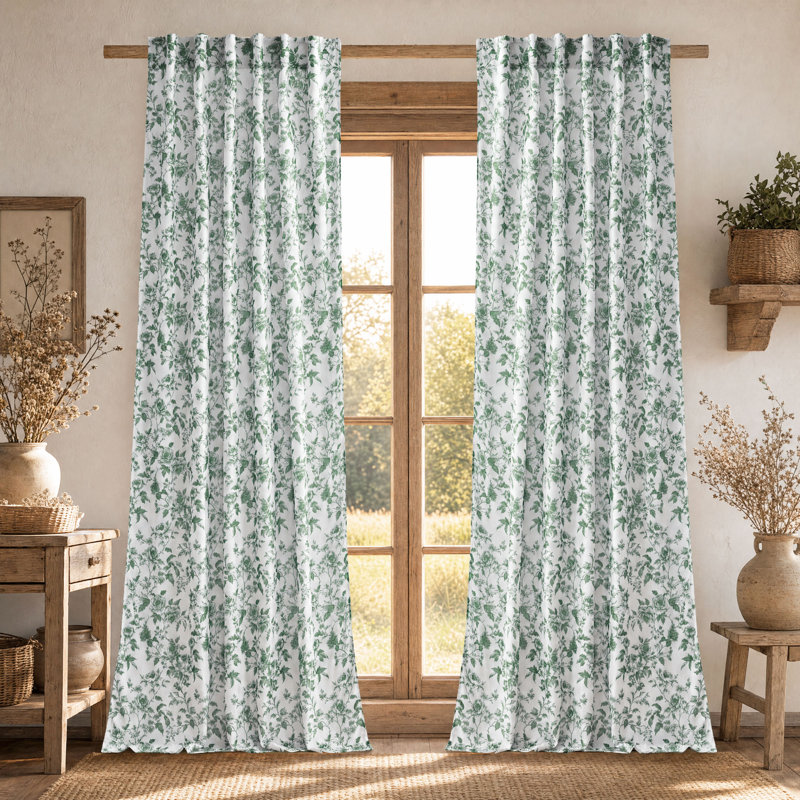  Floral Curtains for Living Room, Semi Sheer Linen Curtains Light Filtering Farmhouse Back Tab Rod Pocket Window Drapes,2 Panels