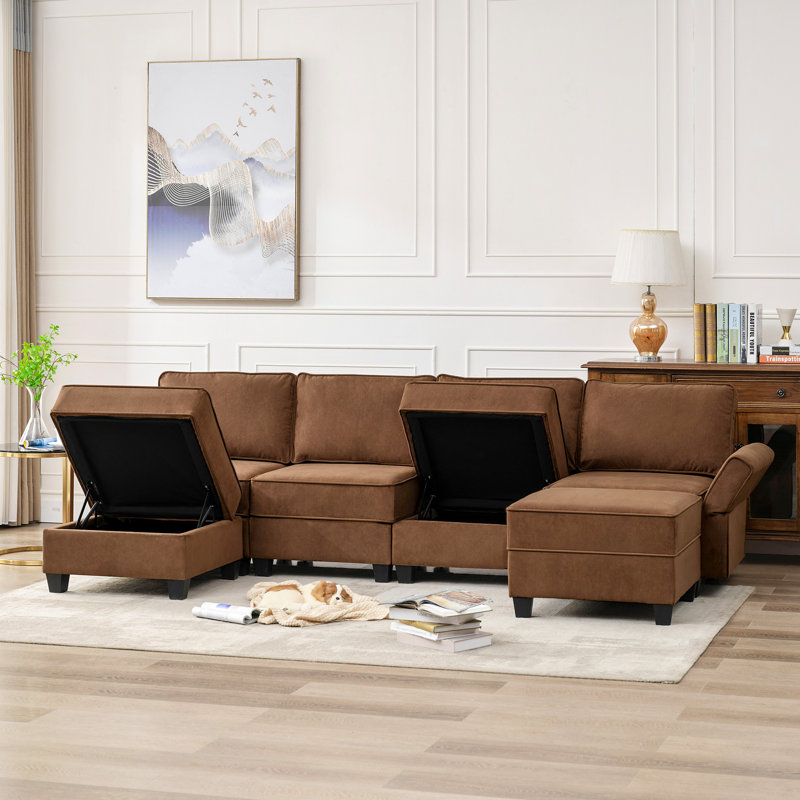 Canapé modulaire rembourré 7 pièces Zellar, Velours brun