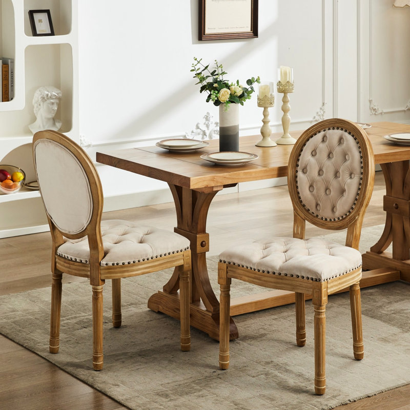 Chaises de salle à manger confortables à dossier, en velours beige, avec base en bois massif au design élégant