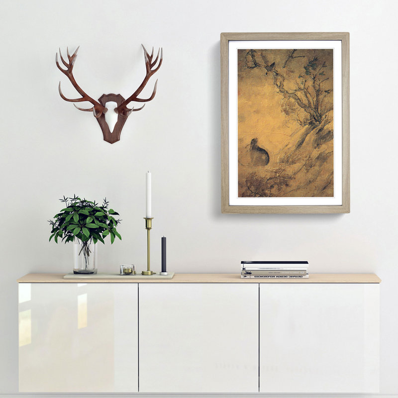 Magpies & Hare by Cui Bai - Picture Frame Painting Print, 48cm H x 36cm W x 2cm D, Oak Framed
