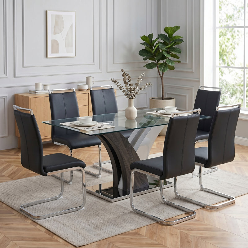 Modern 7-Piece Dining Set with Faux Leather Chairs and Rectangle Tempered Glass Table, Black