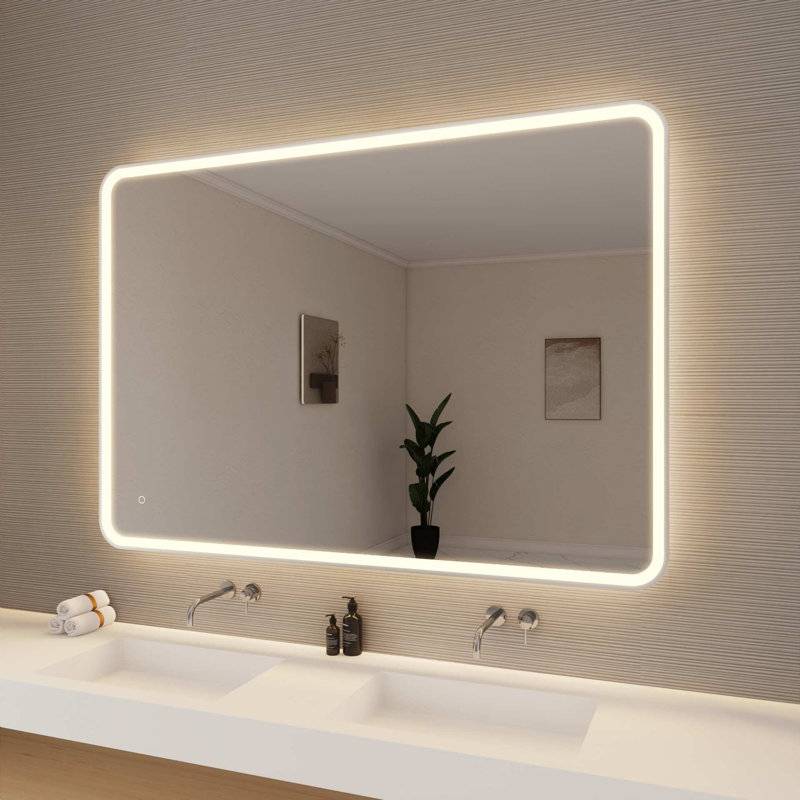 60 Round LED Front and Backlit Wall Mirror in Silver, Silver, 60" x 42"