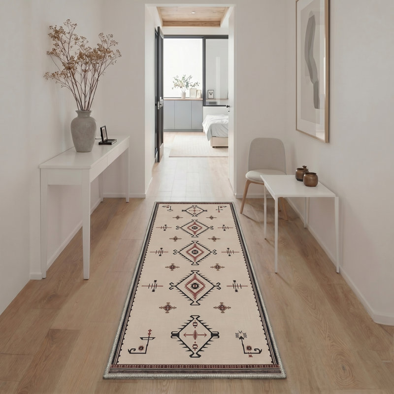 Abrahamson Viento Geometric Machine Washable Beige / Black / Brown Indoor Area Rug with Non-Slip Backing, Runner 2'3" x 6'