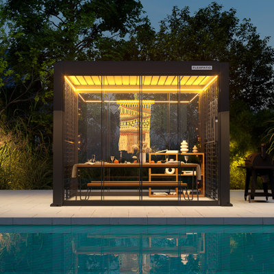 Flexpatio 10 Ft. W X 10 Ft. D Power+ Pro Motorized Outdoor Louvered Pergola W/ 2-Side Shutter Wall & 2-Side Sliding Glass Doors