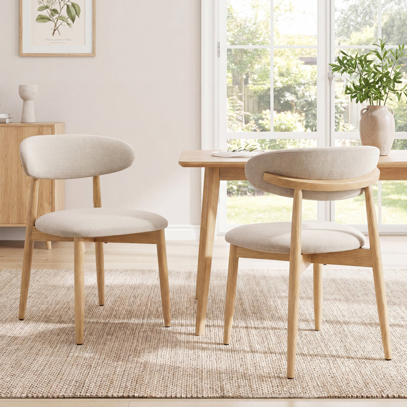  Solid Wood Upholstered Dining Chair - Ergonomic Curved Back, Comfort Fabric, Beige, Natural