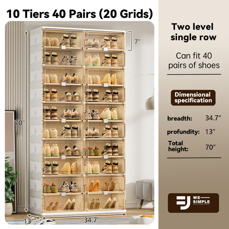 10-Tier 40 Pair Foldable Double Column Shoe Rack with Magnetic Clear Doors, Versatile Shoe Organizer for Entryway Closet Small Spaces