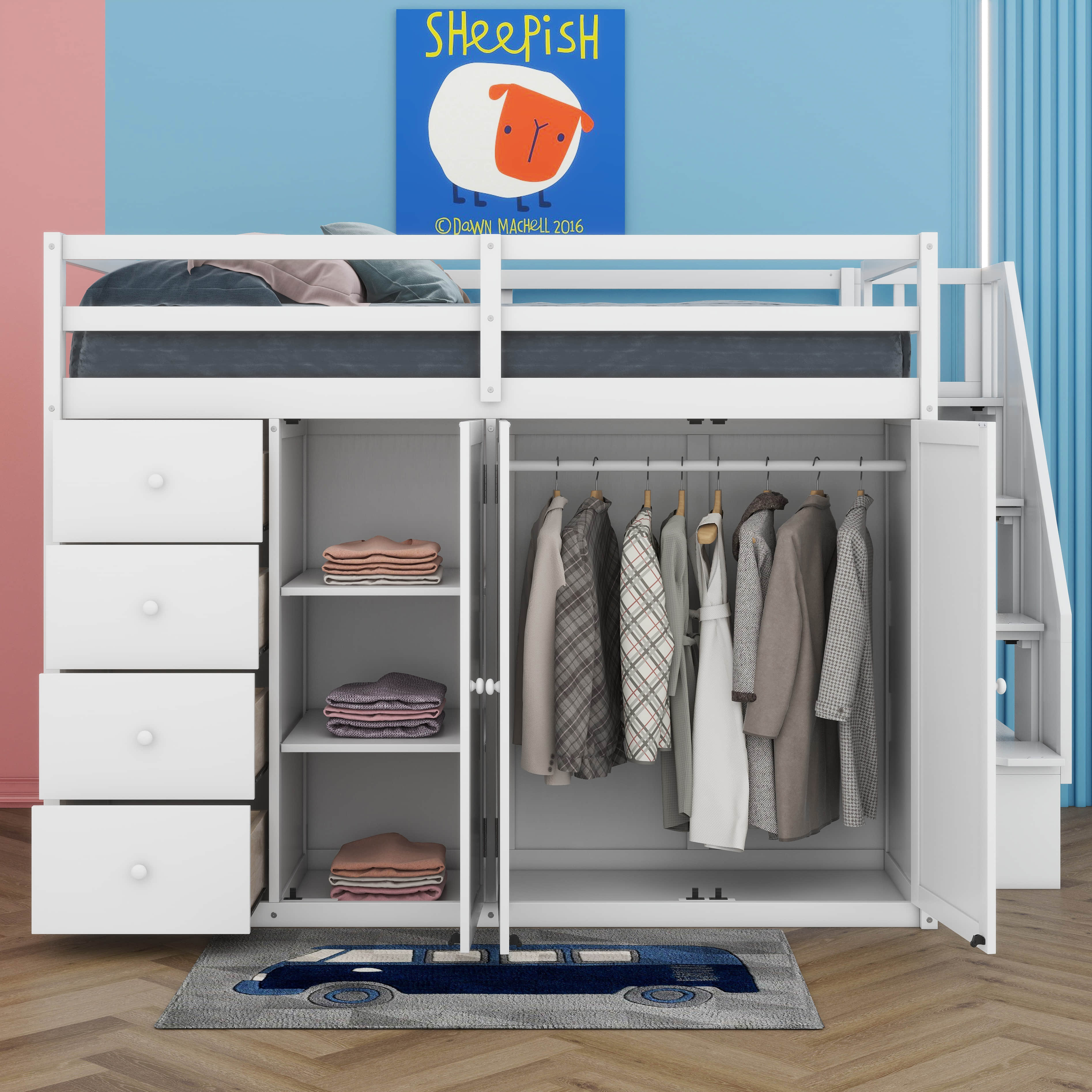 Harriet Bee Full Size Wood Loft Bed With Built-In Wardrobes - Wayfair ...