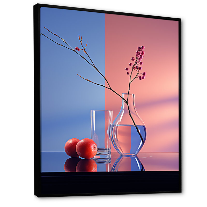 «Blue and Magenta Vase Still Life», reproduction d'art sur toile, Cadre flottant noir, 20" H x 12" W
