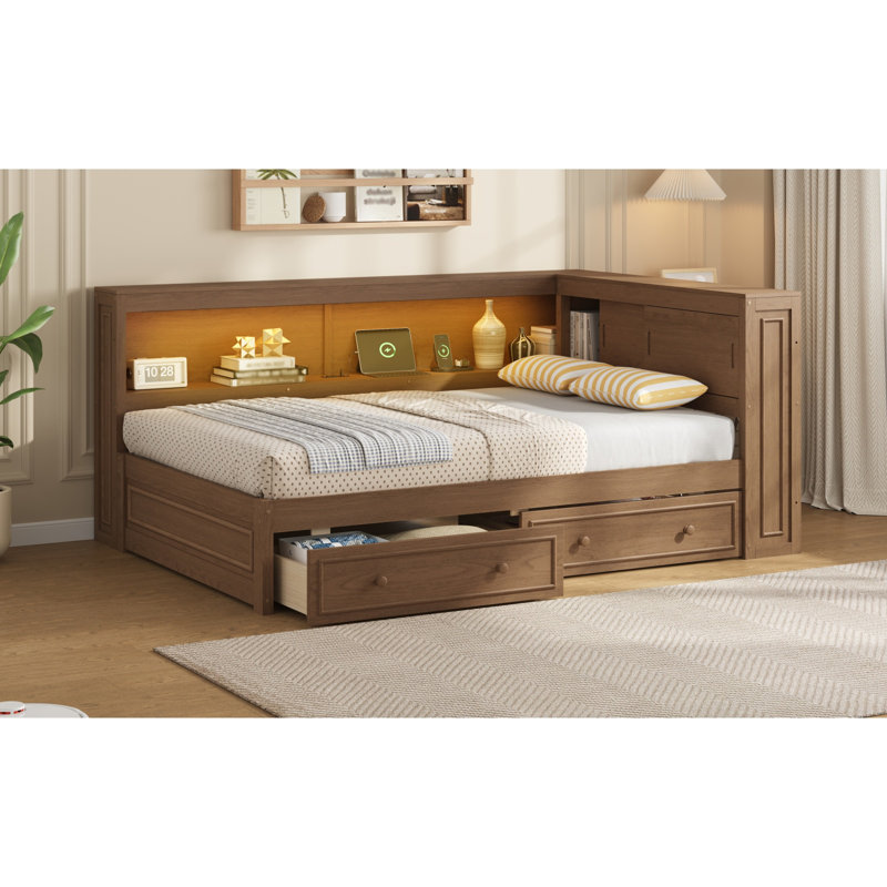 Full Size Wood Daybed With Storage Shelves, USB, LED, And 2 Drawers, Antique Wood Color, Wood