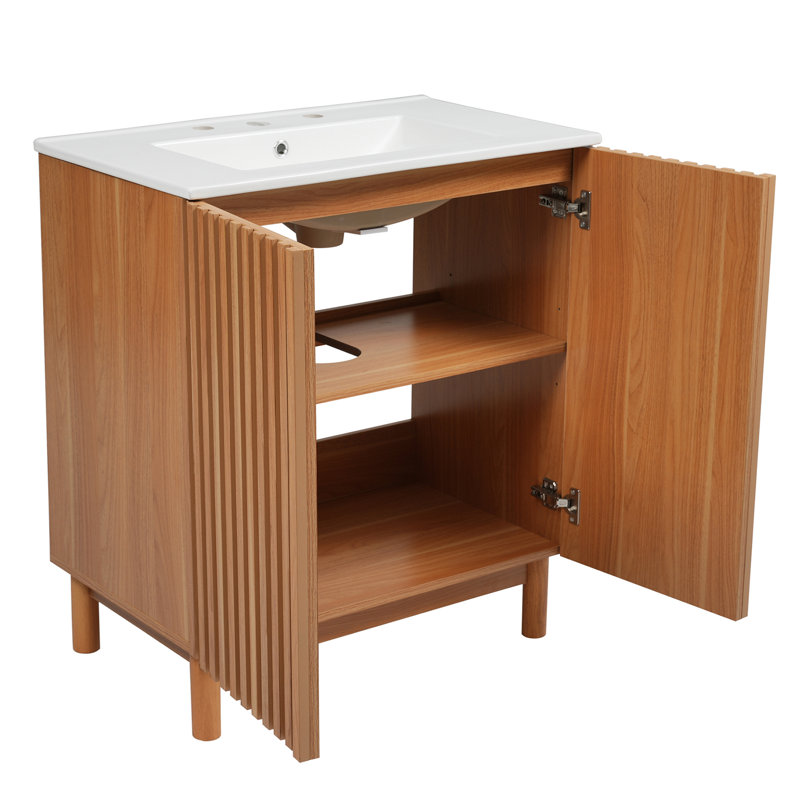 29.9-Inch Traditional Bathroom Vanity With Ceramic Sink,  Wood Legs, MDF U-Shaped Adjustable Shelf, Soft-Close Doors, And Space-Saving Storage