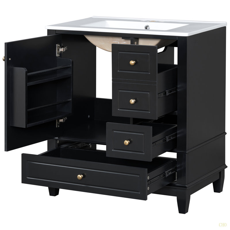 30" Bathroom Vanity With Sink, One Door With Shelf And Three Drawers, Soft Close Door, Black