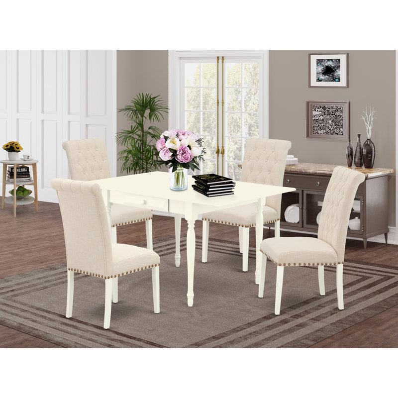 5 Piece Dining Set Contains a Rectangle Dining Table with Dropleaf and 4  Linen White Upholstered Chairs, Table Color: Light Beige