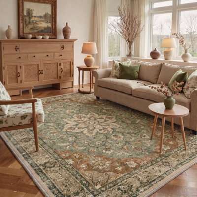Tapis oriental vintage avec médaillon, lavable à la machine, vert sauge et brun, avec envers antidérapant