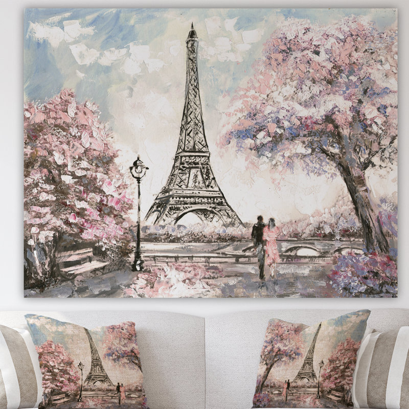 Paysage urbain «Eiffel avec fleurs roses», peinture, H 36 po x l 46 po x P 1,5 po, Toile tendue