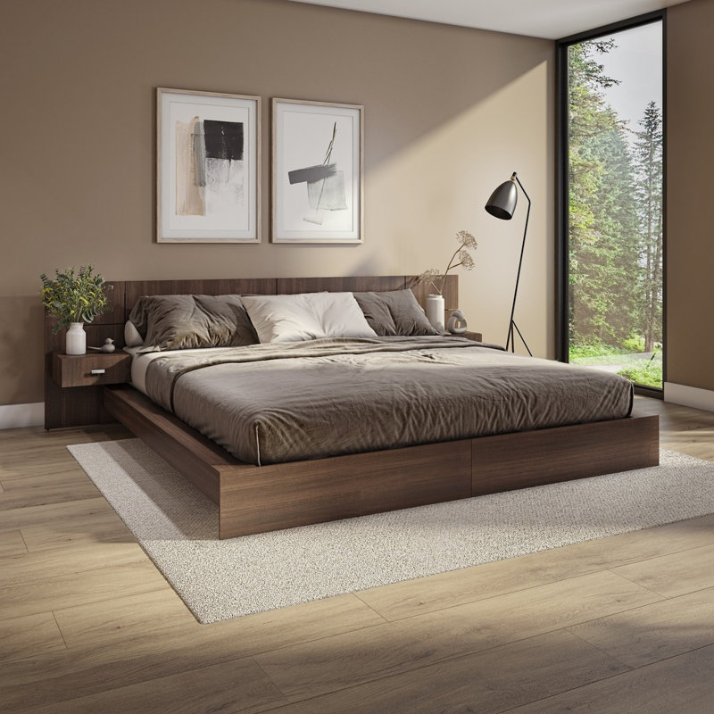 Zen Omega Bedroom - Platform Bed with Headboard and Nightstands (2) – Easy Assembly, No Box Spring Required, King, Walnut