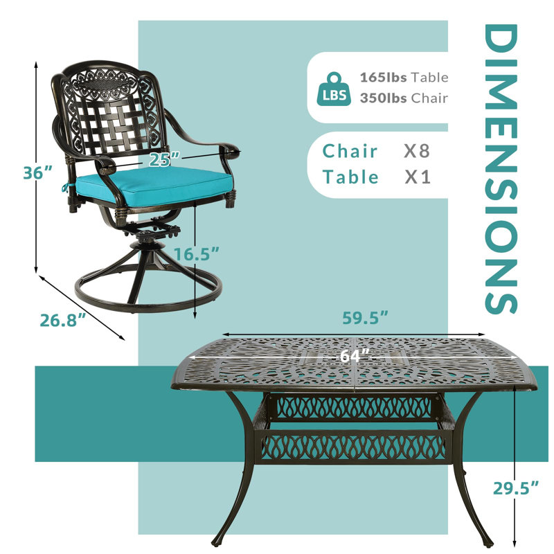 9-Piece Outdoor Patio Dining Set, All Weather Cast Aluminum Patio Funiture Table And Chairs Set- Large 64" Square Table And 8 Cushioned Swivel Rocker Chairs, 2.2" Umbrella Hole