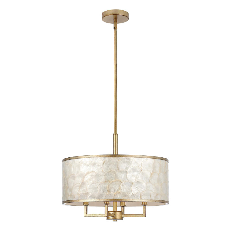 4-Light Natural Capiz Shell Drum Chandelier, Gold