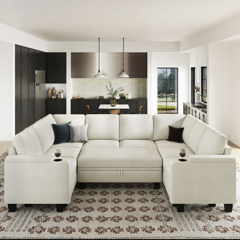 Anjanette Jenette Oversized Chenille U Shaped Storage Seat Modular Sofa Large Sectional Sleeper Couch With Removable Thick Soft Cushion And Movable Ottomans