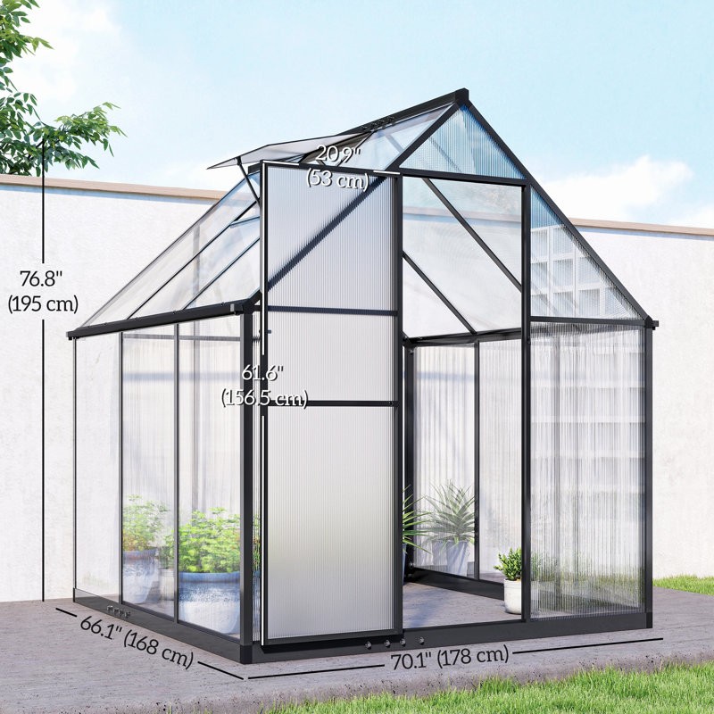 Serre de plain-pied en polycarbonate avec porte battante, noir, 76.8" H x 66.1" W x 70.1" D