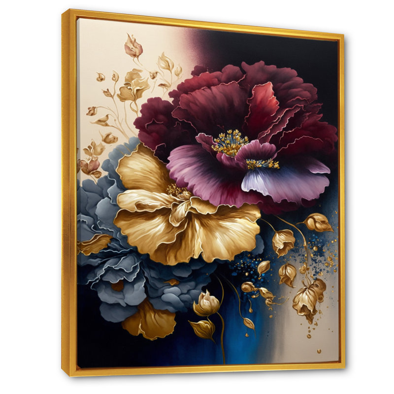 Impression sur toile encadrée florale bourgogne et bleu I, H 32 po x l 24 po x P 1 po, Toile avec cadre flottant or