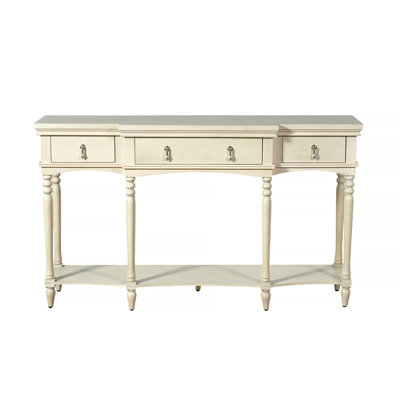 Traditional Retro Console Table with 3 Soft-Close Drawers & Bottom Shelf, Solid Wood Frame, Turned Roman Legs, Vintage Copper Handles, White