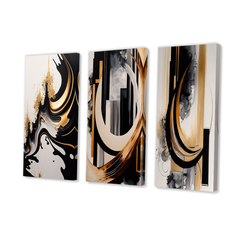 Vague noire et dorée sur toile, 3 pièces, H 28 po x l 36 po x P 1 po
