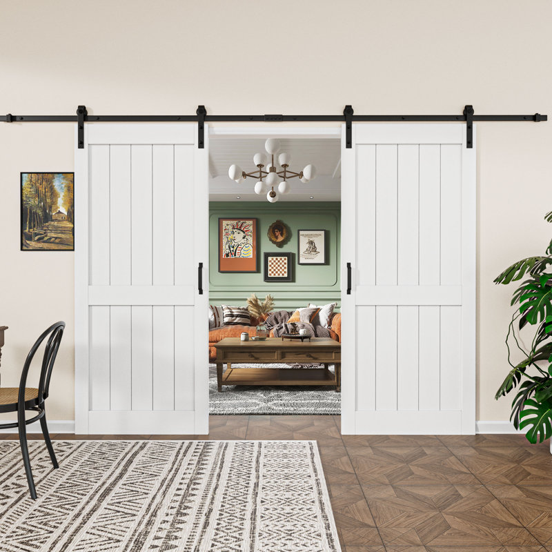 2 Piece Panelled Manufactured Wood Double Sliding Barn Door with Installation Hardware, Without Soft Close, 72" x 84"