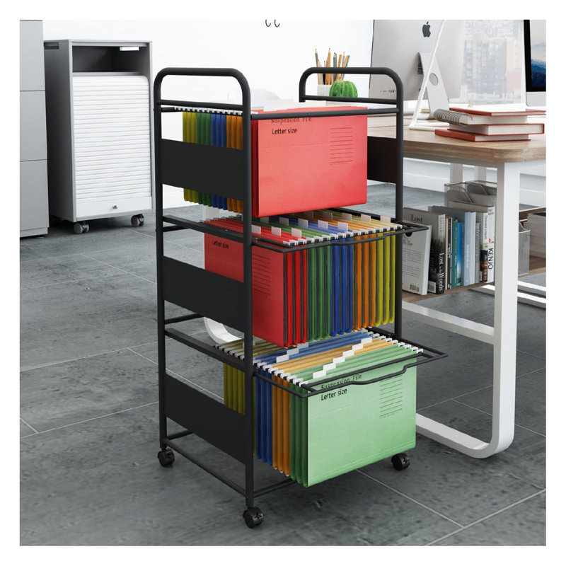 3 Tiers Metal Rolling File Carts With Wheels Hanging Files For Letter Size Movable Pull-Out File Folder Rack Drawer File Cabinet For Home Office