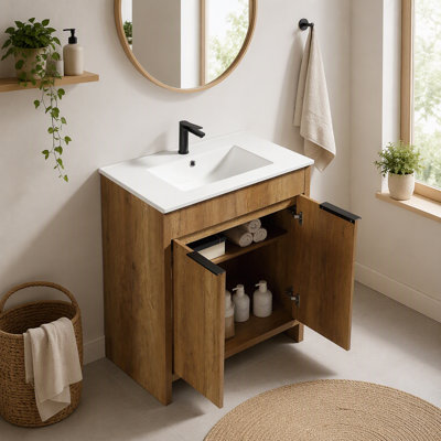 Armoire de salle de bain murale flottante moderne 36 po avec lavabo et portes en pierre artificielle, chêne doré