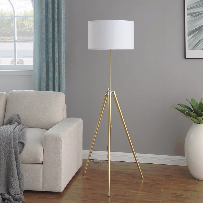 64" - 47"H Adjustable Height Brass/Shiny Gold Modern Tripod Floor Lamp For Living Room, Standing Lamp For Bedroom