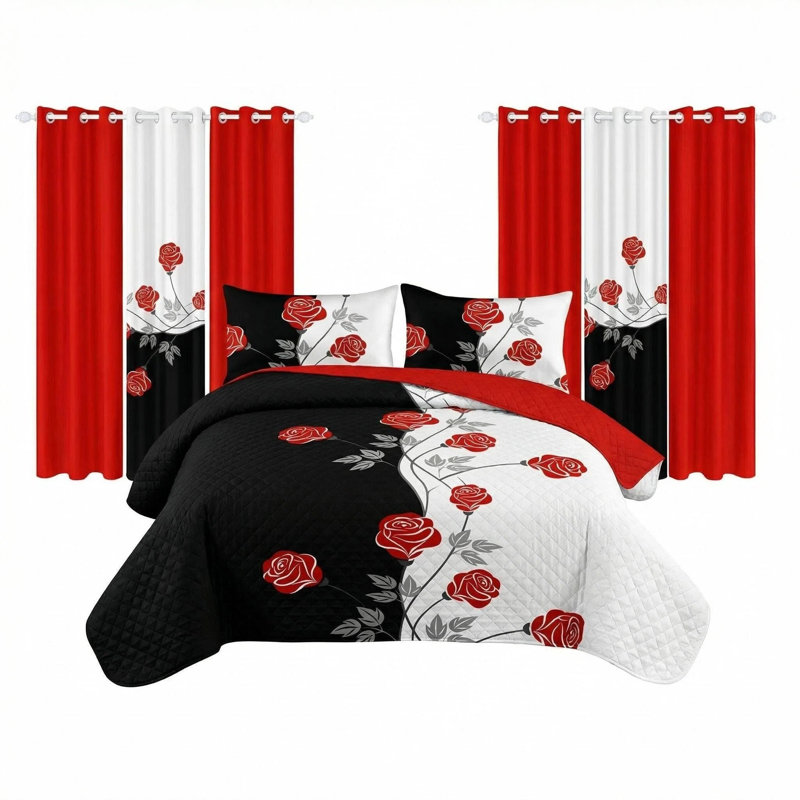 Queen Size 9-Piece Red Rose Two-Tone Bedding & Curtain Set (Queen) - Quilted Microfiber Bedspread + Sheer Drapes