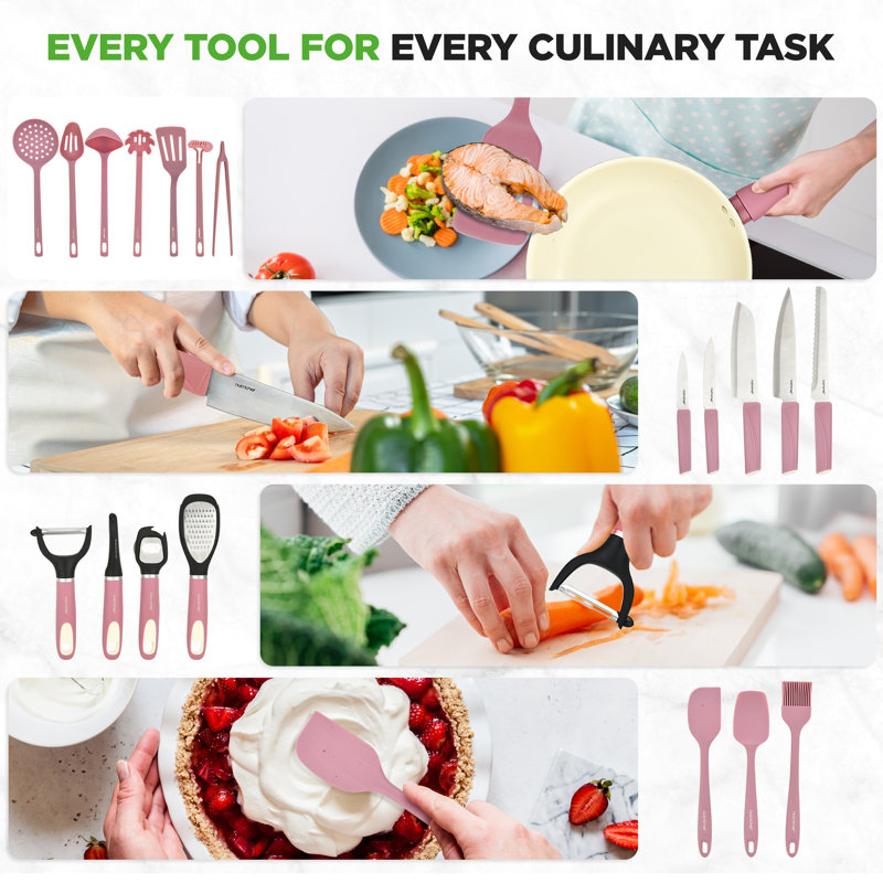 Nutrichef 54-Piece Kitchen Cookware Set – Complete Non-Stick Ceramic Pots And Pans Set With Utensils, Bakeware, And Knife Set, Gas, Electric & Induction Compatible, Blush Pink Kitchen Essentials