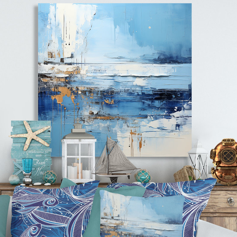 «Blue and Beige Tranquility Beach III - Coastal Minimalisme», art mural, Toile tendue, H 30 po x l 30 po