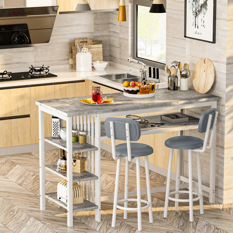 3 Piece Bar Table Set, Kitchen Dining Table Set For 2, Bar Table And Chairs Set With PU Upholstery Stool And 4 Open Storage Shelves, Pub Table Set For Small Space, Grey