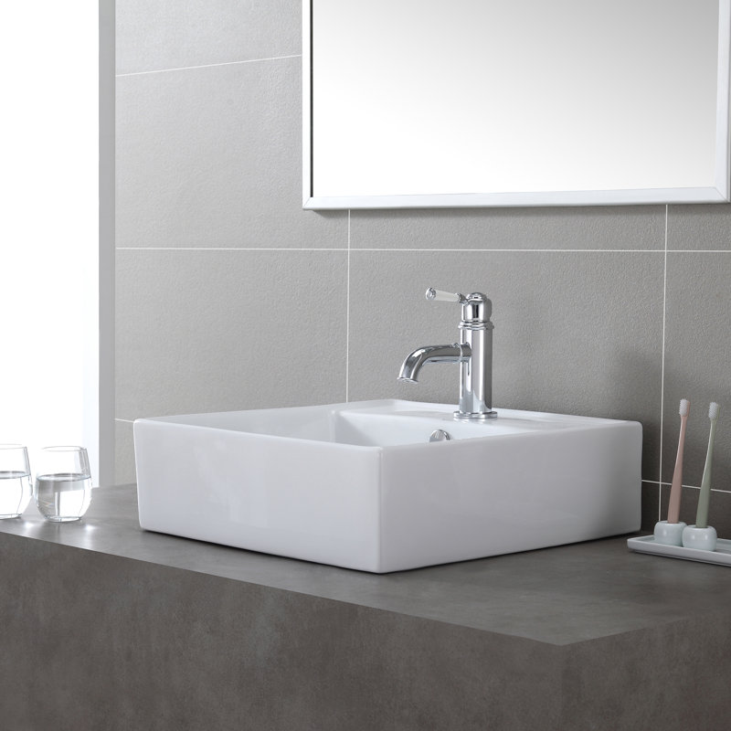 White Ceramic Square Vessel Bathroom Sink with Overflow, Chrome