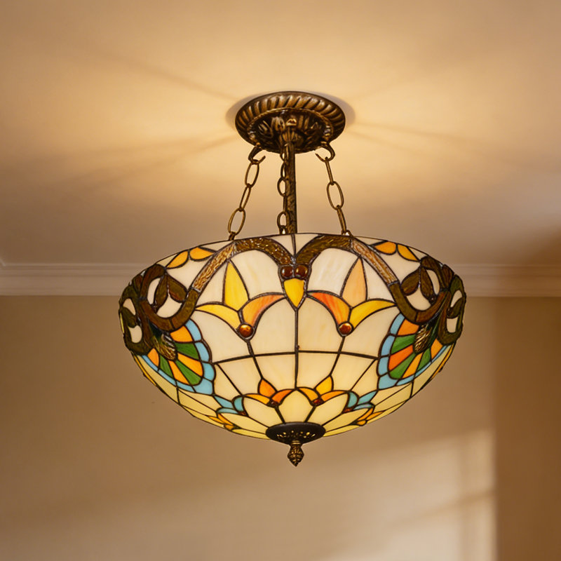 3-light Tiffany Glass Semi Flush Mount With Bulbs Included