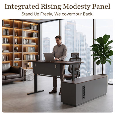 71" L-Shaped Executive Standing Desk with Drawers, Built-In Power Outlets and Privacy Panel, Height-Adjustable Standing Office Desk for Executive and Home Offices, Walnut Desk