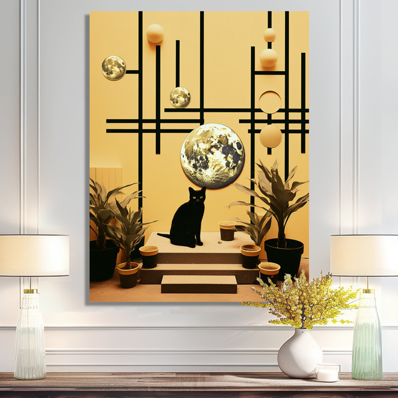 Chat noir noir géométrique rétro - reproduction d'art murale chat, H 20 po x l 12 po x P 1 po, Toile tendue
