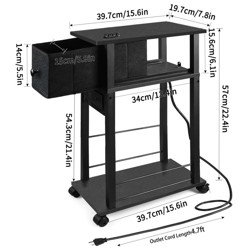 Side Table With Charging Station And Drawer, Narrow End Table With USB Ports And Outlets, With 4 Wheels,(Black)
