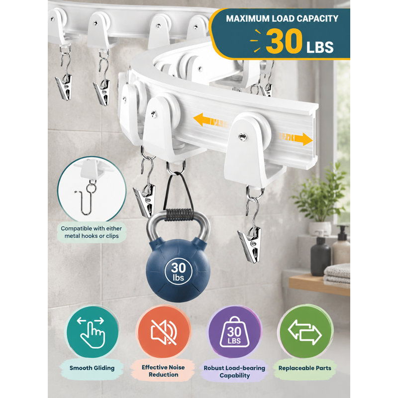 This white extra-long flexible bendable curtain track measures 16.4FT (5M) and combines PVC with stainless steel; smooth-sliding rollers support curved spaces, RV privacy, room dividers, and shower curtains.