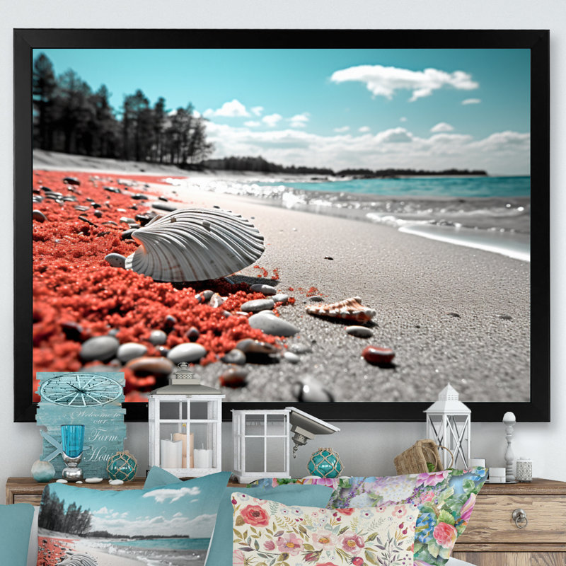 «Beach Seashell Symphony», reproduction d'art sur toile, H 12 po x l 20 po x P 1 po, Cadre simple noir